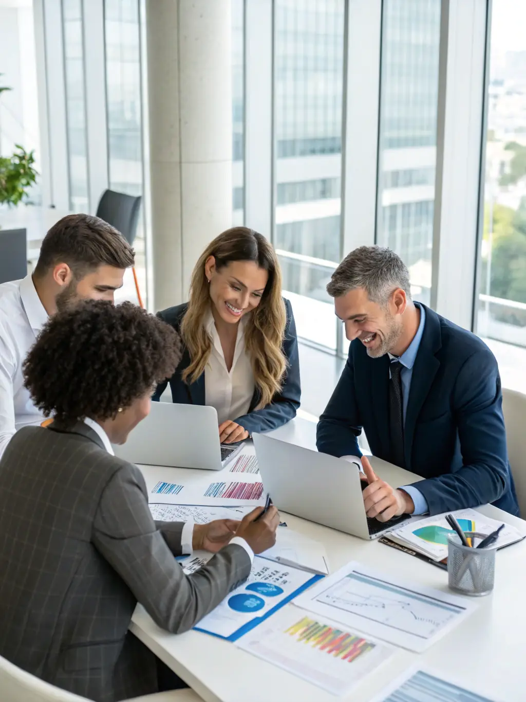 A diverse group of people happily gathered around a table, reviewing investment portfolios and discussing financial strategies, symbolizing collaborative investment advice.