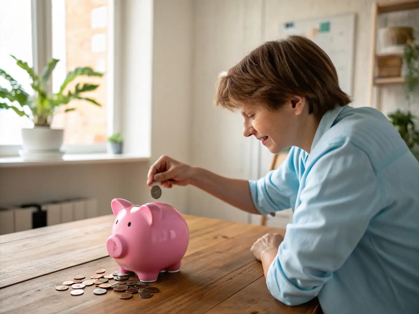 A person happily putting money into a piggy bank, symbolizing savings and financial security, in a cozy home environment.