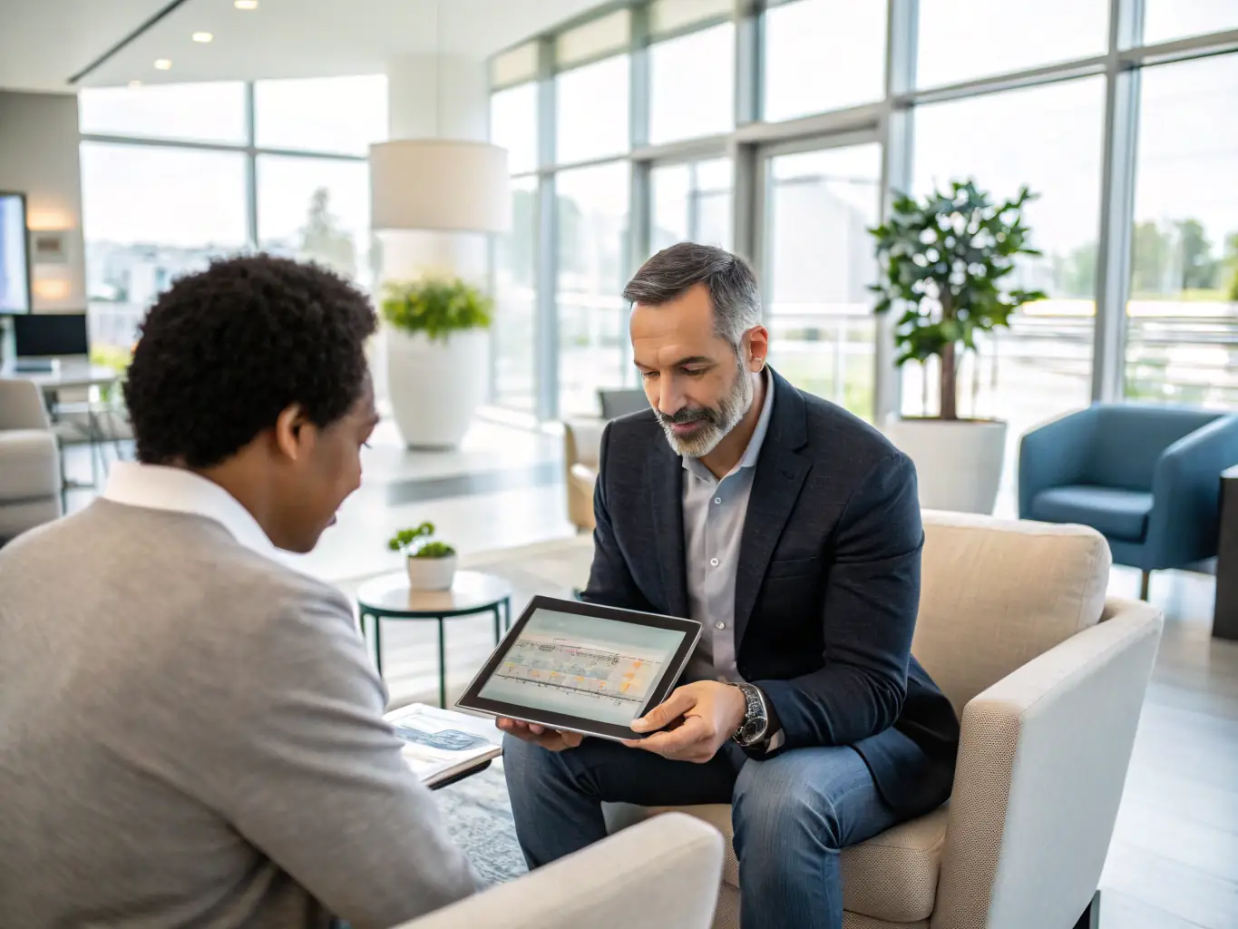 A person receiving advice from a financial advisor in a modern office setting, representing personalized guidance.