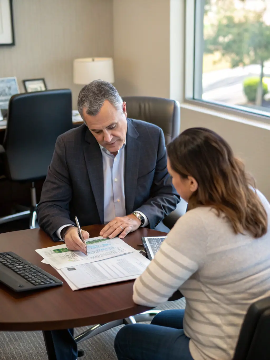 A person sitting at a desk, reviewing financial documents with a friendly advisor, bathed in soft, natural light from a nearby window, symbolizing personalized financial planning.