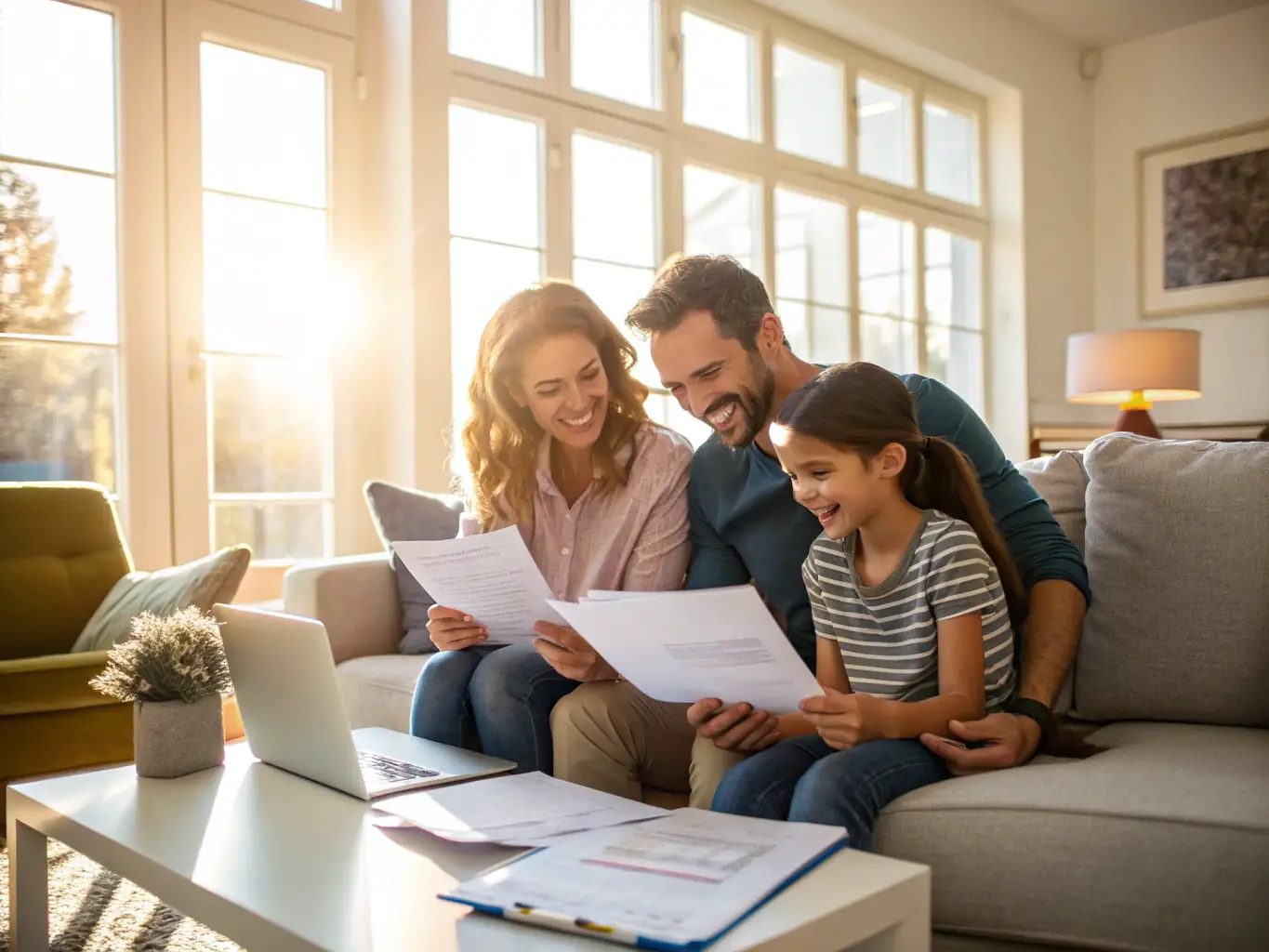 A family happily planning their financial future together, using a tablet to view financial projections, in a comfortable living room.