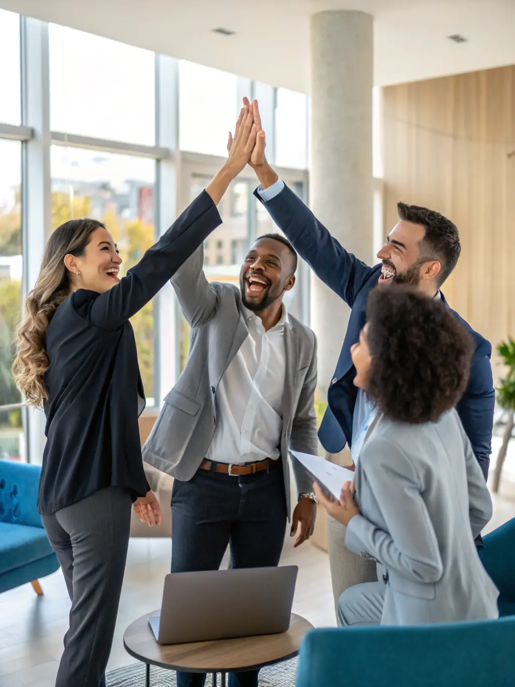 A group of investors celebrating a successful investment, showcasing the positive outcomes and shared success of collaborative investment.