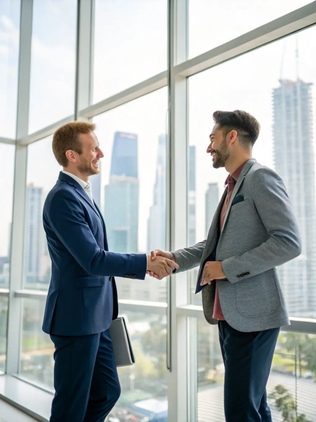 A person shaking hands with a financial advisor over a table with documents, in a bright and professional office, symbolizing debt management.