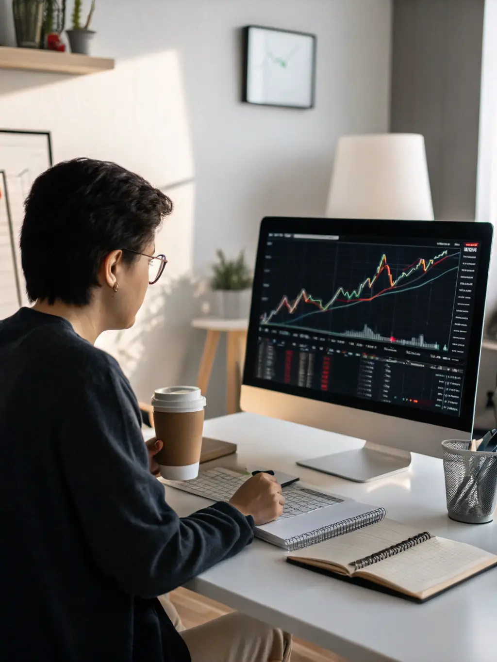 A person confidently managing their finances on a laptop, with charts and graphs showing positive financial growth.