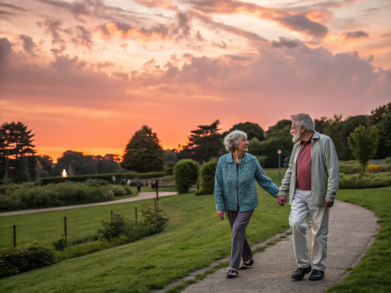 A senior couple smiling and relaxed, sitting on a porch swing in front of a beautiful sunset, symbolizing a happy and secure retirement achieved through careful financial planning.
