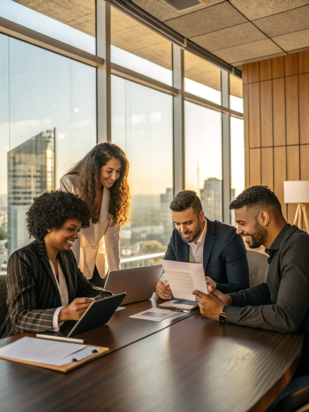 A diverse group of investors analyzing market data and discussing investment strategies in a modern office setting, emphasizing shared knowledge and expertise.