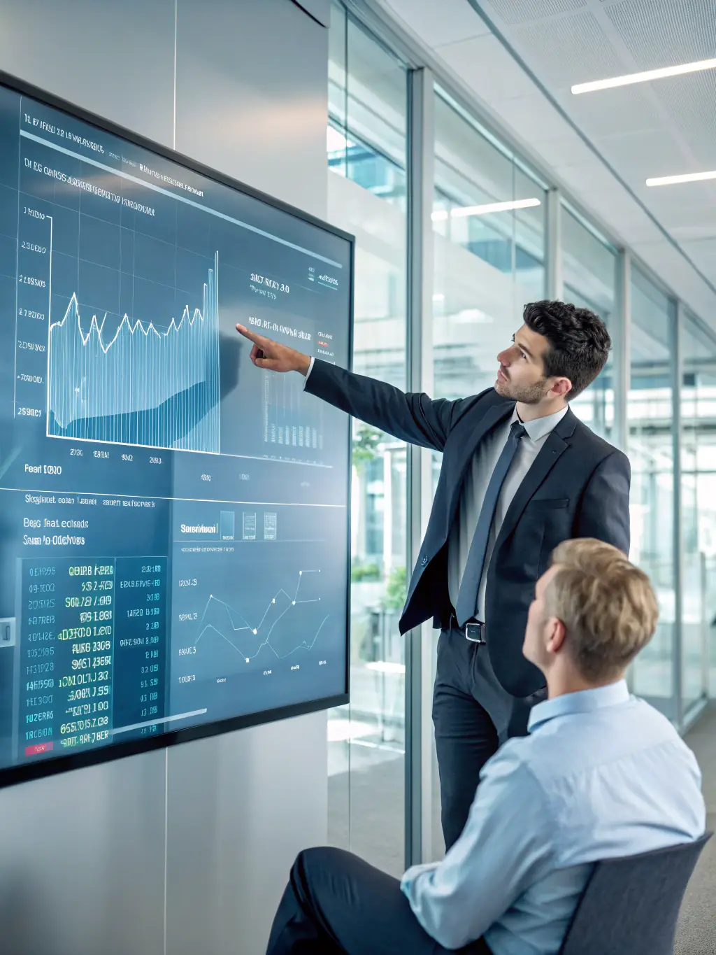A person confidently presenting a retirement plan on a tablet to a couple, in a modern office setting, symbolizing retirement planning.