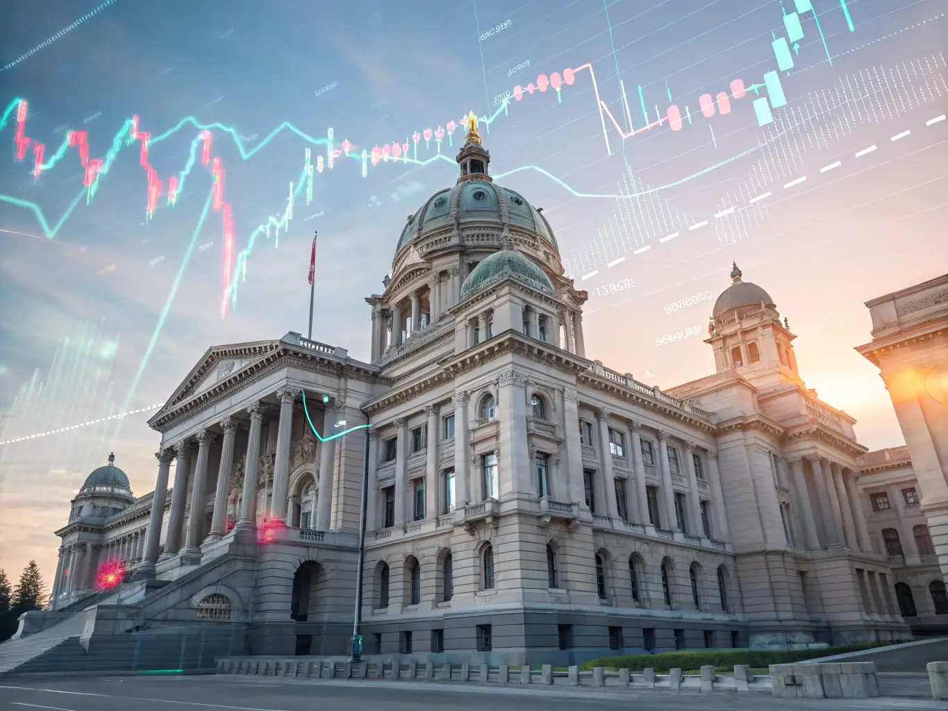 A historical building in Seville, with a modern financial chart overlayed, symbolizing tradition meeting innovation.