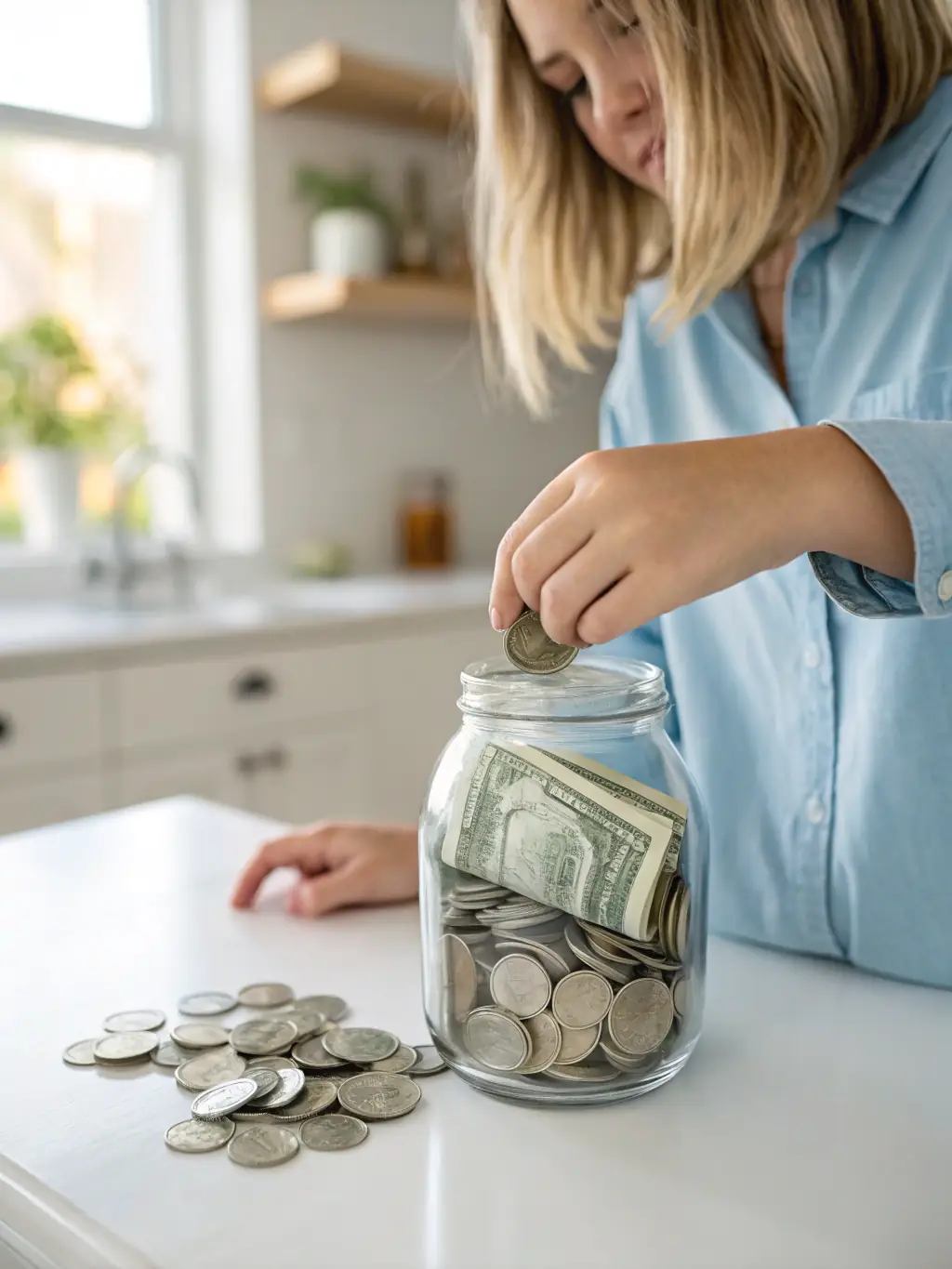 A person happily putting money into a piggy bank, representing the joy of increased savings after receiving financial guidance from Financial Advice.