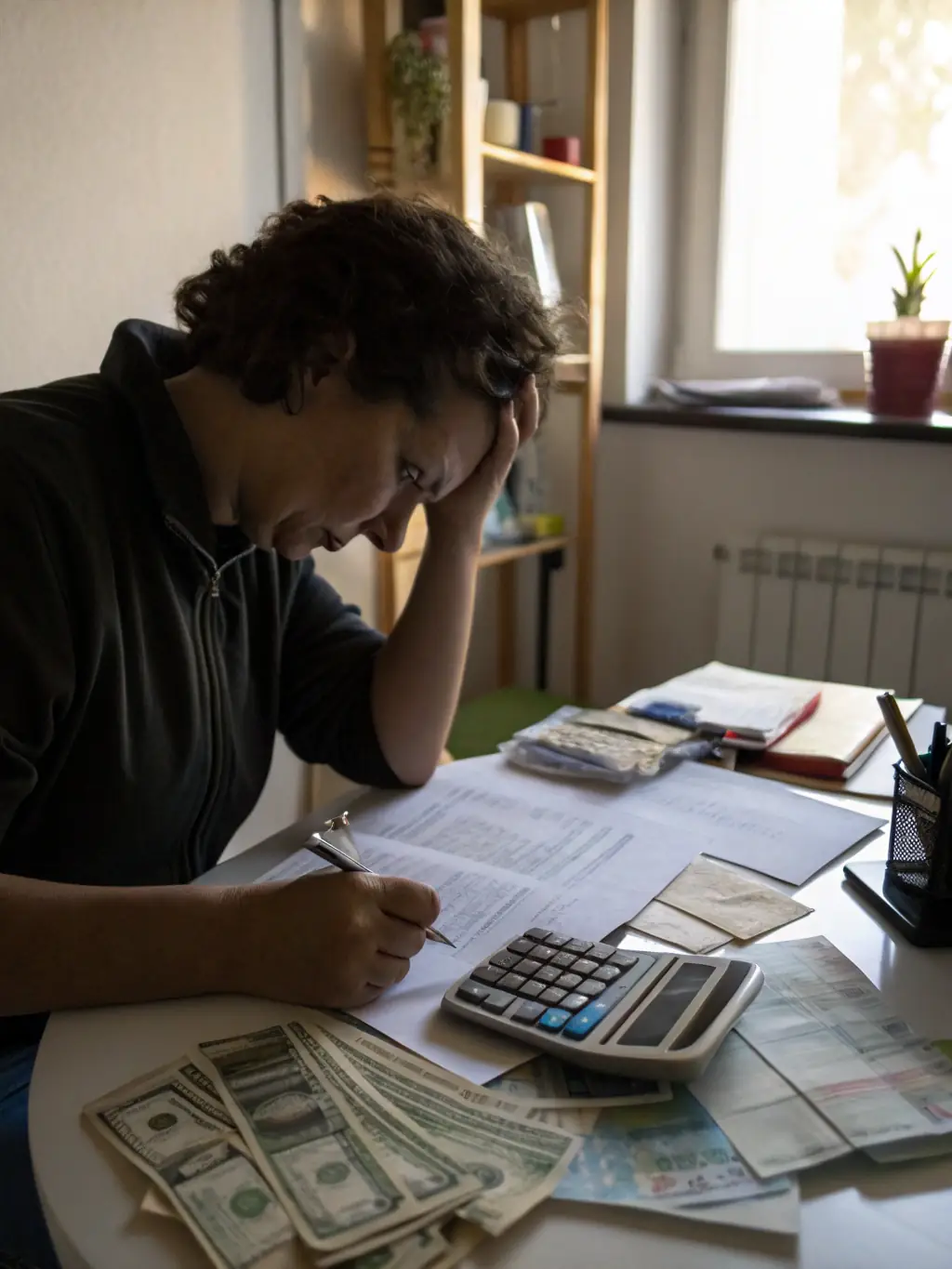 A person looking stressed while surrounded by bills and financial statements, symbolizing the burden of debt before seeking financial advice from Financial Advice.