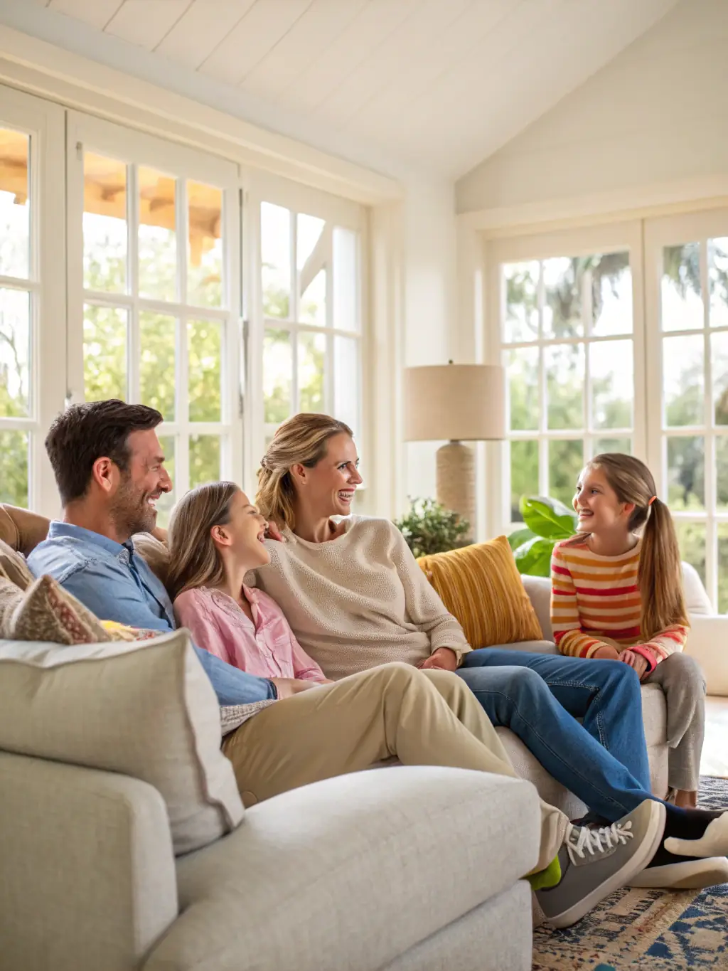 A family smiling and relaxed in their home, signifying financial stability thanks to Financial Advice.